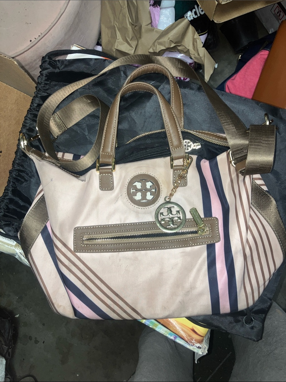 Tory Burch Pink and Navy Striped Shoulder Tote with Brown Trim